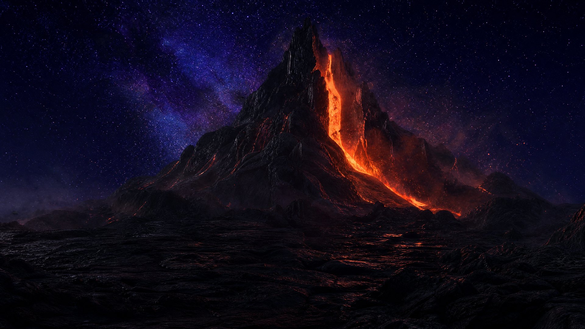 A vast volcanic workshop carved into obsidian rock, its forge fires banked low, seen from the doorway.